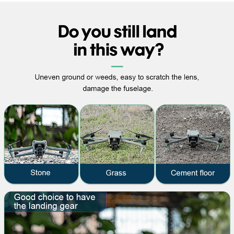 DJI Air 3 Drone using the foldable landing gear which is landed on stone, grass, and cement