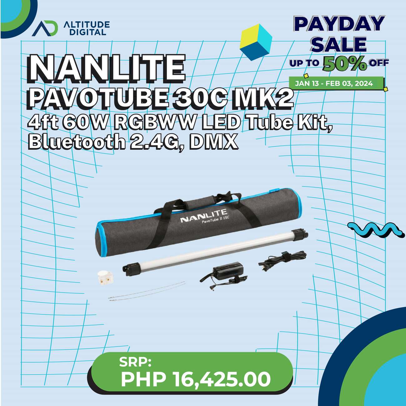Nanlite Pavotube 30C MK2 4ft 60W RGBWW LED Tube Kit, 1-Light Kit, Blue