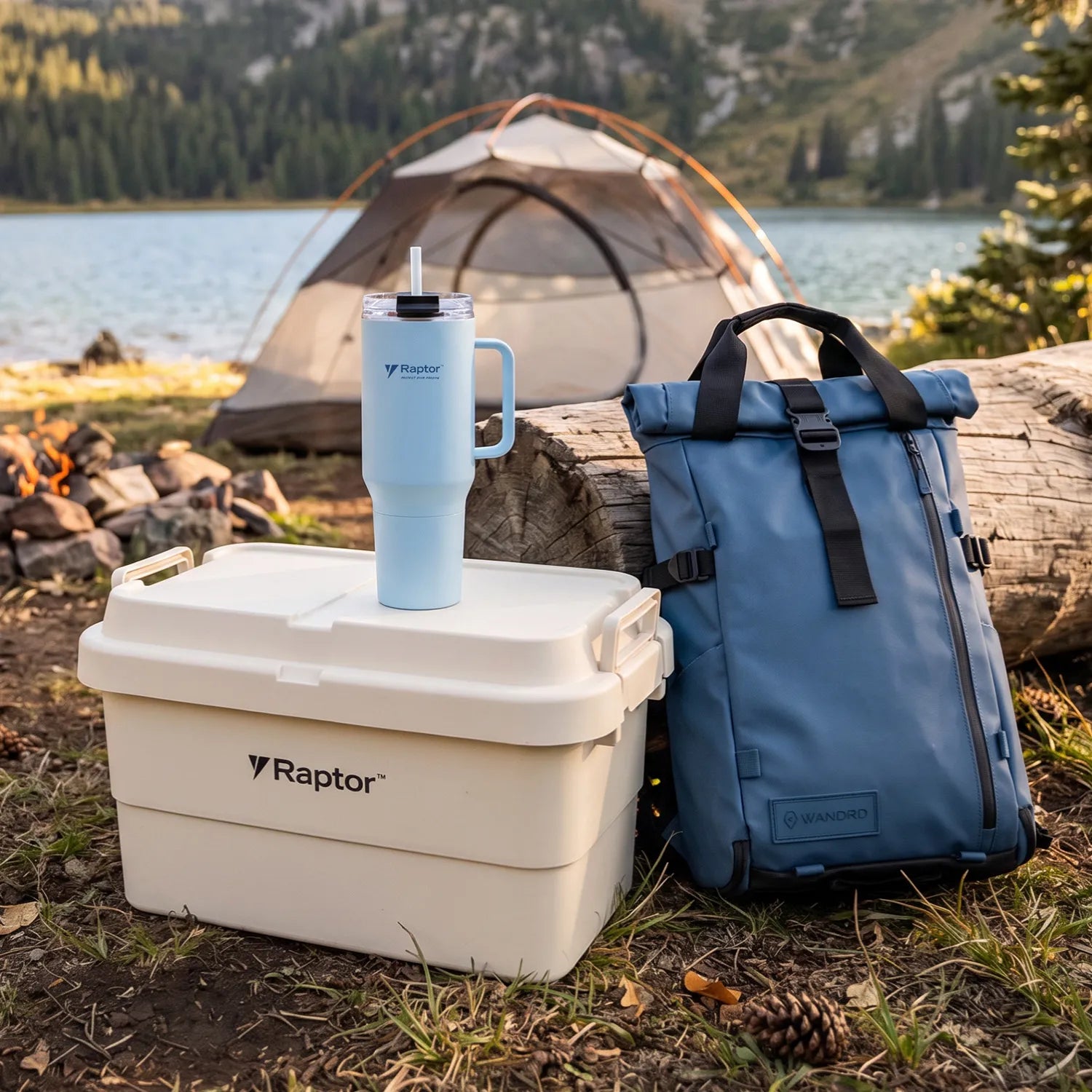Camping scene with cooler, backpack, and tumbler by a lake with a tent in the background | Altitude Philippines