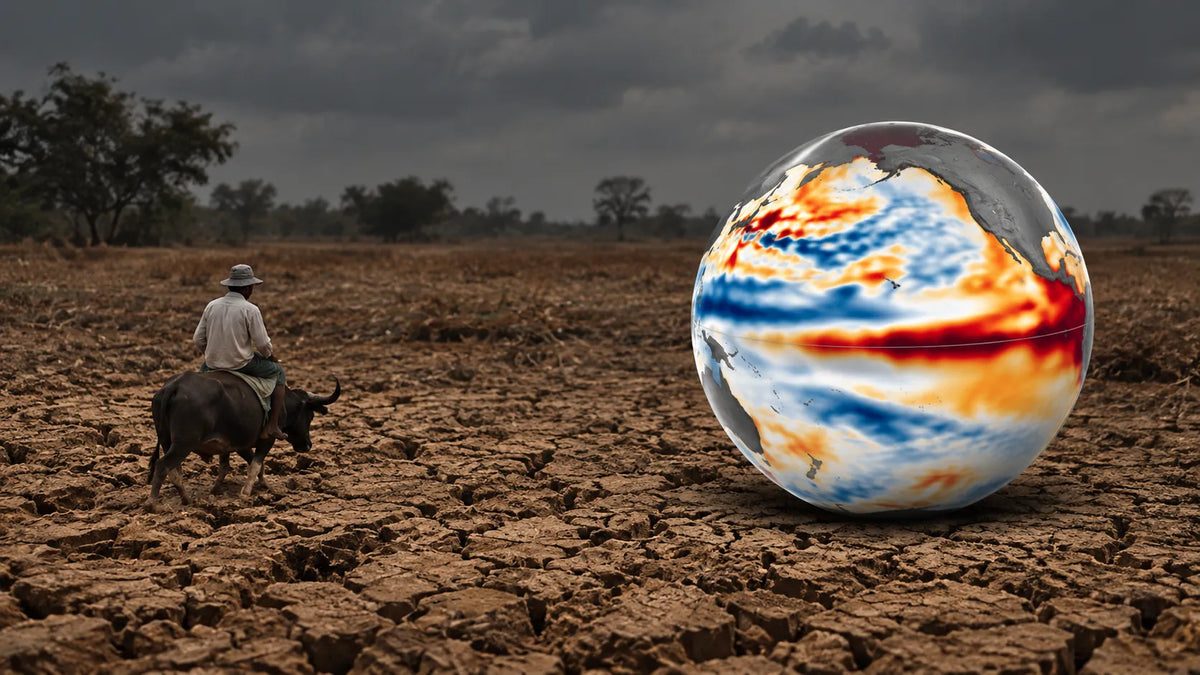 A man working a dry field with an image of a globe that shows heat index - Altitude