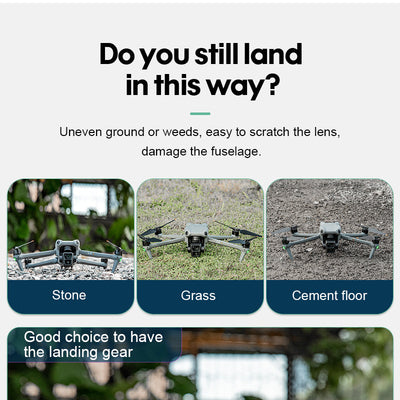 DJI Air 3 Drone using the foldable landing gear which is landed on stone, grass, and cement