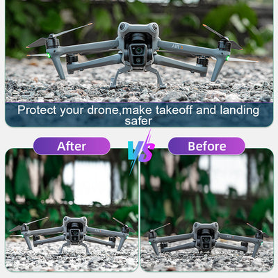 Before and after photo of the DJI Air 3 without and with the foldable landing gear