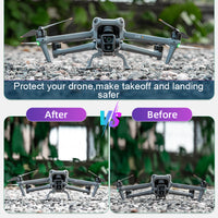 Before and after photo of the DJI Air 3 without and with the foldable landing gear