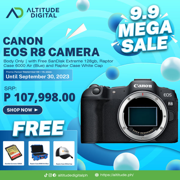 Canon EOS R8 + Free SanDisk Extreme 128gb + Raptor Case 6000 Air (Blue) + Raptor Case White Cap