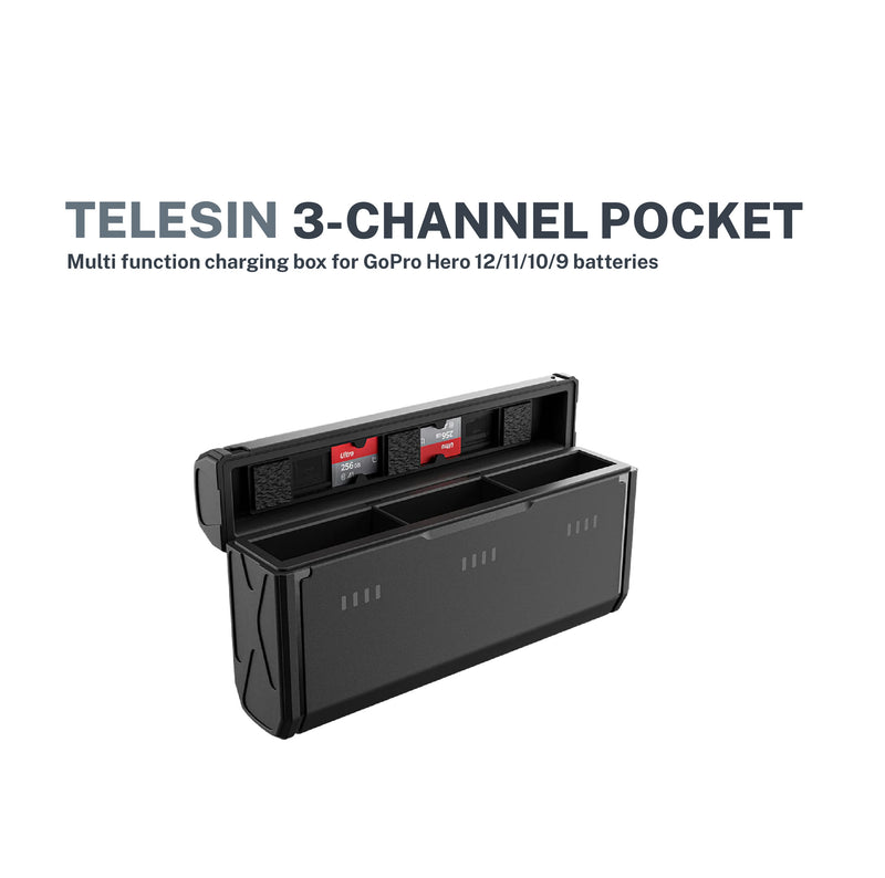 Telesin 3-channel Pocket multi function charging box for GoPro Hero 12/11/10/9 battery