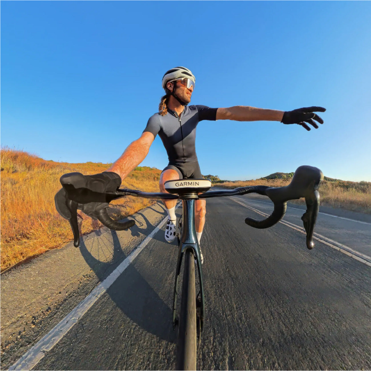 Cyclist riding with smooth front POV footage, captured using Insta360 Bike Computer Mount