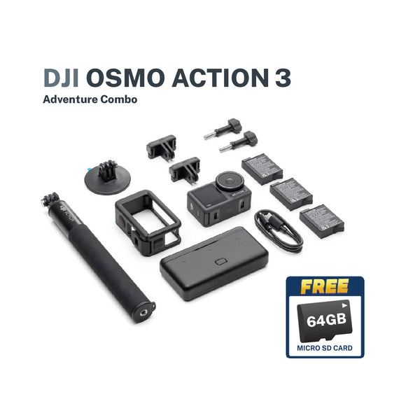 DJI Osmo Action 3 Camera Adventure Combo with FREE Lexar 64gb SDXC Card