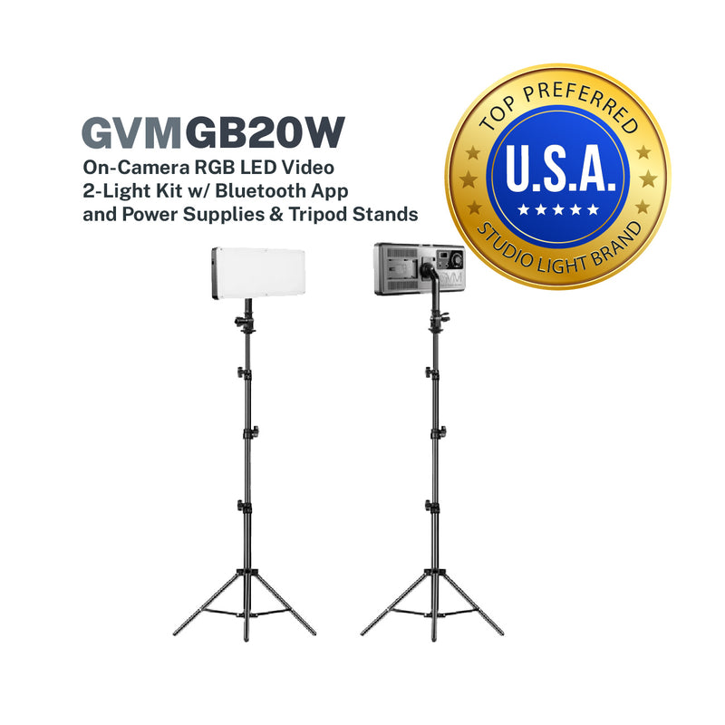 GVM GB20W On-Camera RGB LED Video 2-Light Kit with Bluetooth App and Power Supplies & Tripod Stands