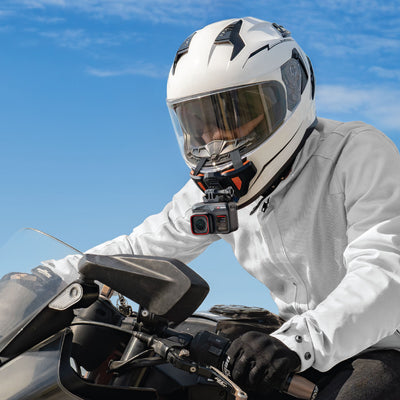 Insta360 Ace Pro Action Camera mounted on a helmet