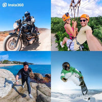 Insta360 One RS Twin Edition action shots during extreme outdoor sports like biking, hiking, and snowboarding