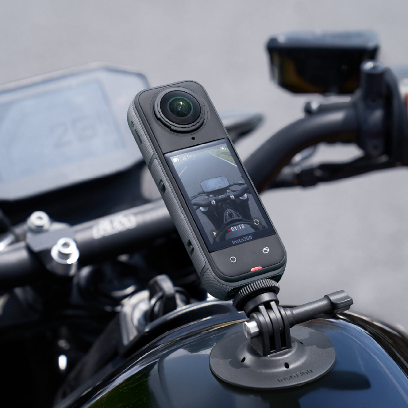 Insta360 X5 mounted on a motorcycle