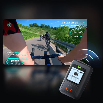 Guy on bicycle tracking his speed and location using Insta360 PS Action Remote