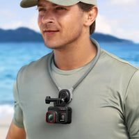 Insta360 Neck Mount worn during a walk, enabling stable front-facing camera shots