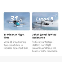 DJI Mini 2 SE has a 31 minute flight time with a 38kph wind resistance