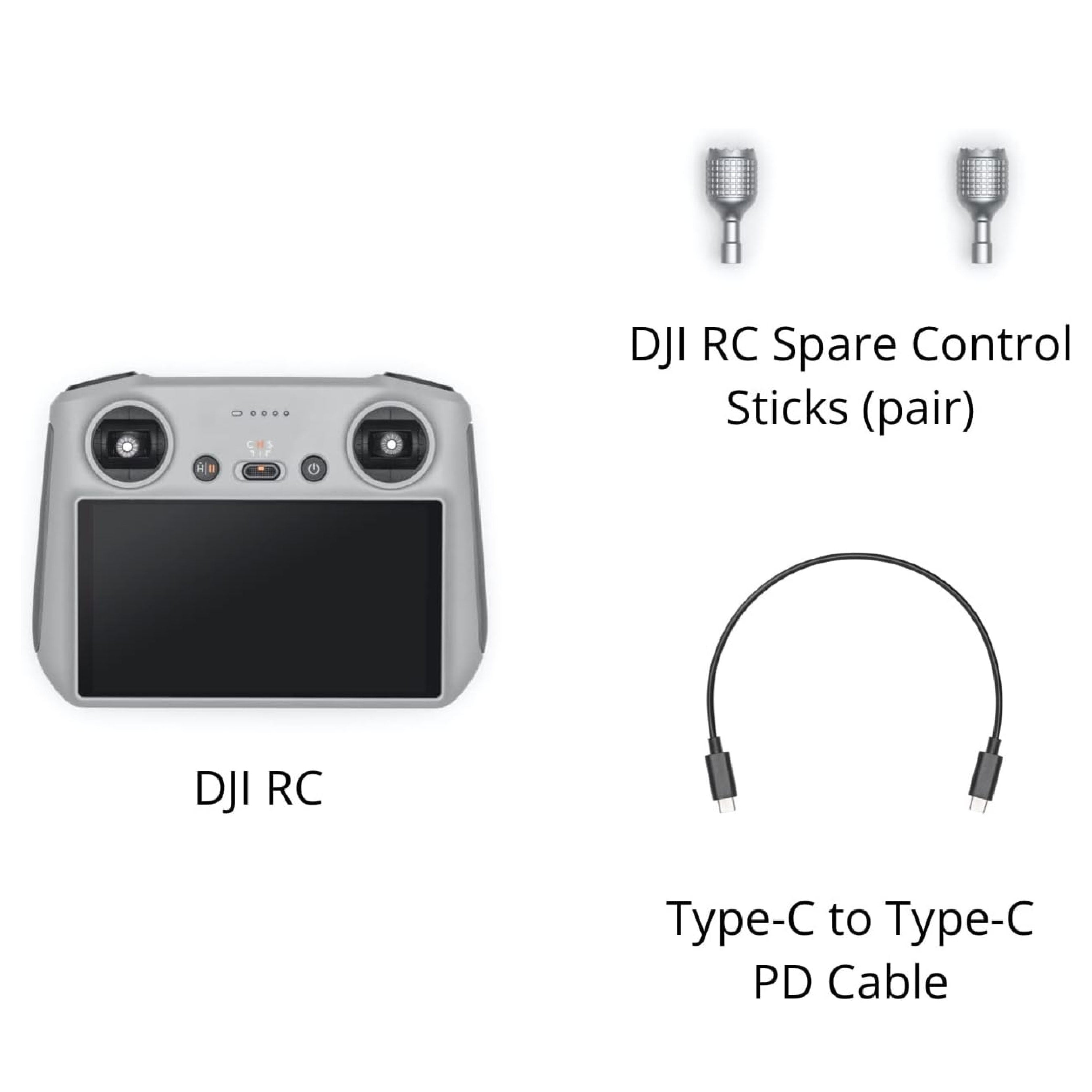 DJI RC, spare control sticks, and type-c to type-c pd cable