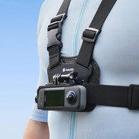 Chest-mounted Insta360 X3 Horizontal Action Mount shown in close-up detail