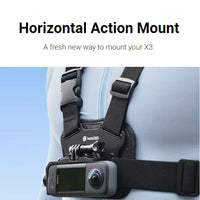 Insta360 X3 Horizontal Action Mount attached to chest harness for stable POV shots