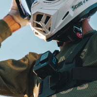 Closeup of GoPro Chesty worn by a motorcycle rider