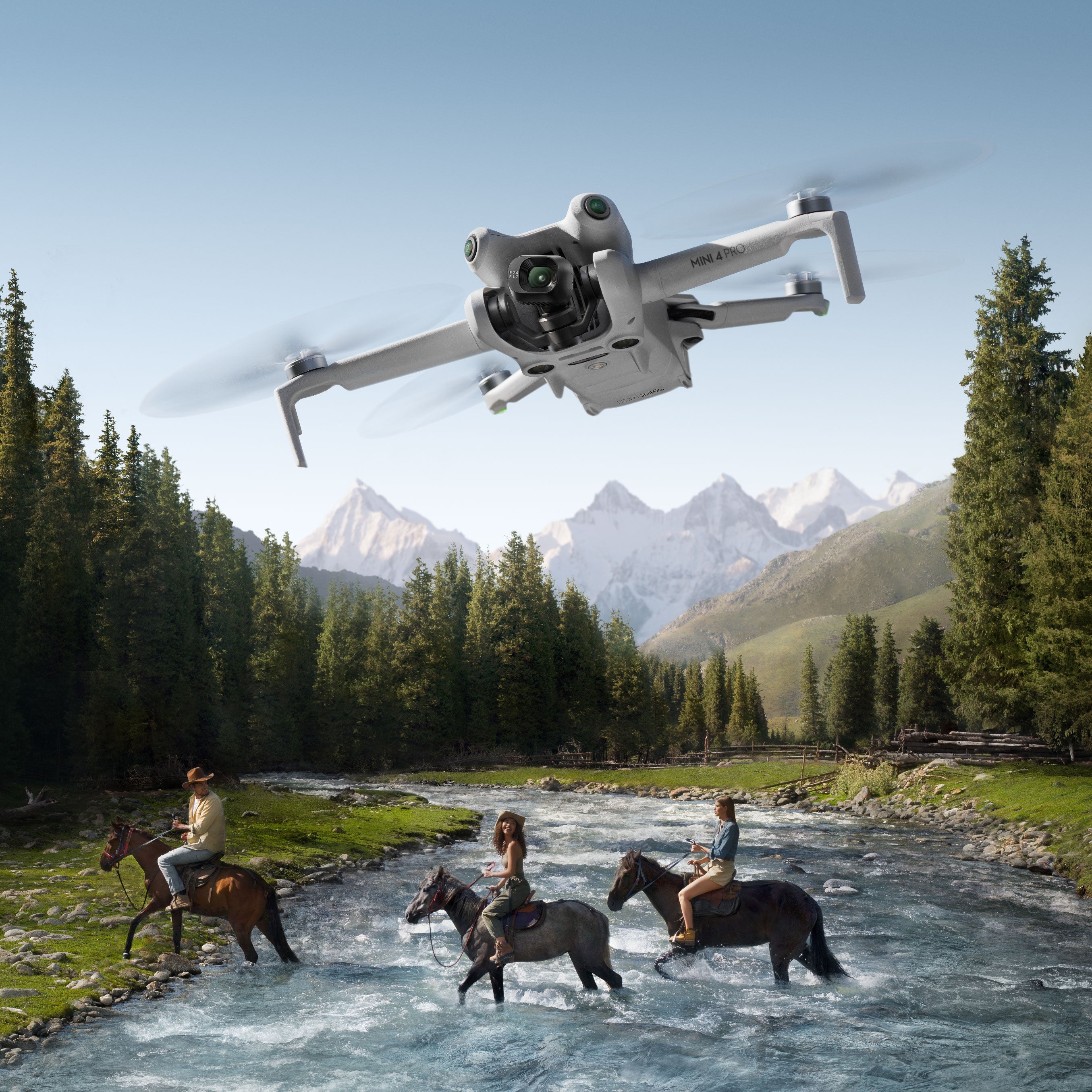 DJI Mini 4 Pro flying over 3 people on horseback