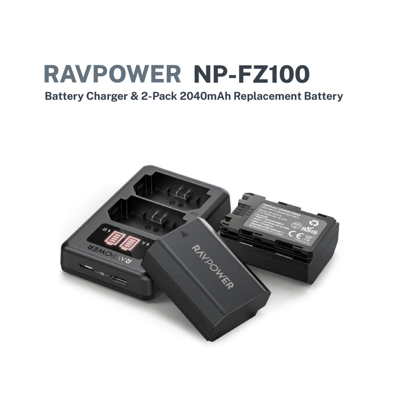 RAVPower NP-FZ100 Battery Charger 2-Pack Rechargeable 2040mAh Li-Ion Batteries