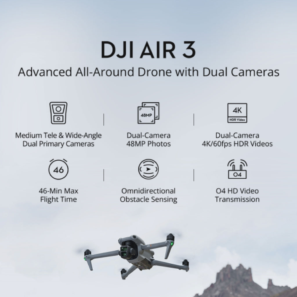 DJI Air 3 Fly More Combo with RC-N2 or RC 2 Control 1/1.3″ Cmos Dual-Camera  O4 20km Hd Video Transmission 46-min Max Flight Time - AliExpress