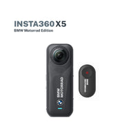 Insta360 X5 camera with remote control on a white background, featuring BMW Motorrad branding