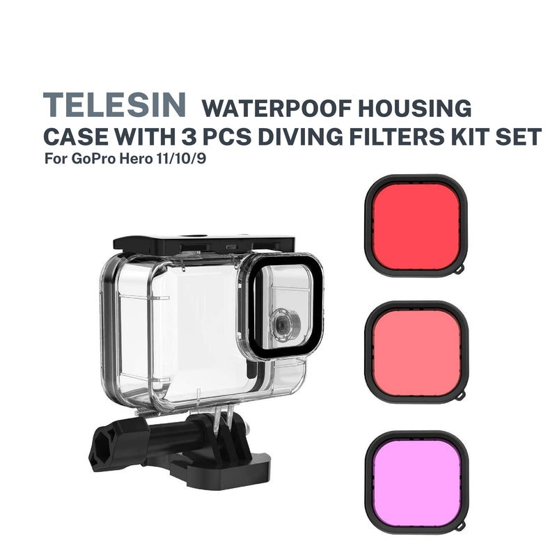 Telesin Waterpoof housing case with 3 pcs diving fiters kit set for GoPro Hero 11/10/9