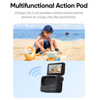 Kid playing at the beach while Insta360 Go 3 Tiny Action Camera captures moments with its flip screen