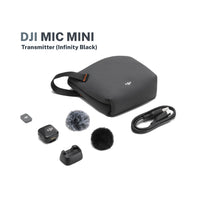 DJI Mic Mini Transmitter Infinity Black, accessories, and travel case