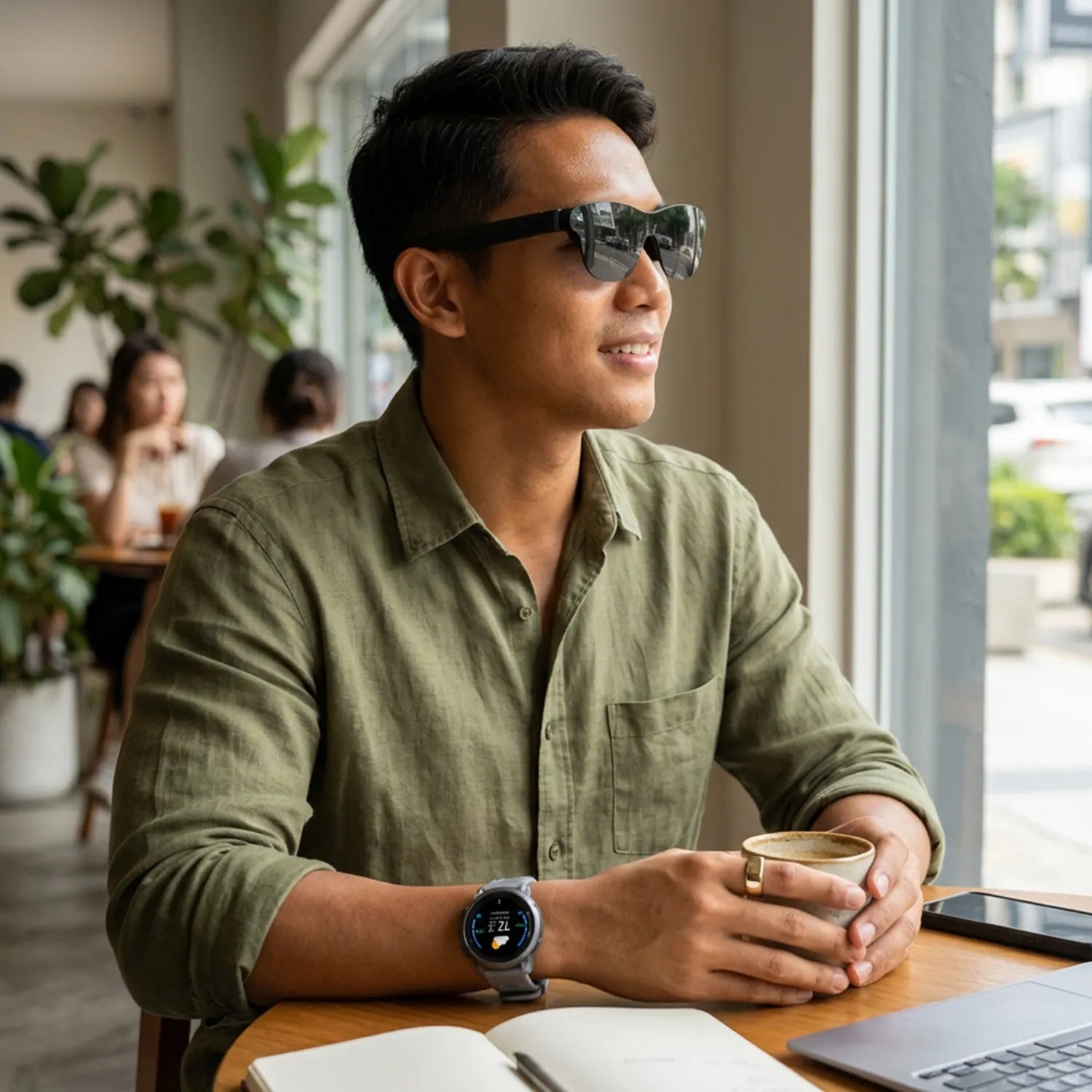 Man sitting at a table in a cafe, holding a cup and wearing sunglasses and smartwatch | Altitude Philippines