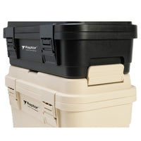 Raptor Storage 6.5L Stackable Tool box beige and black stacked on top of each other