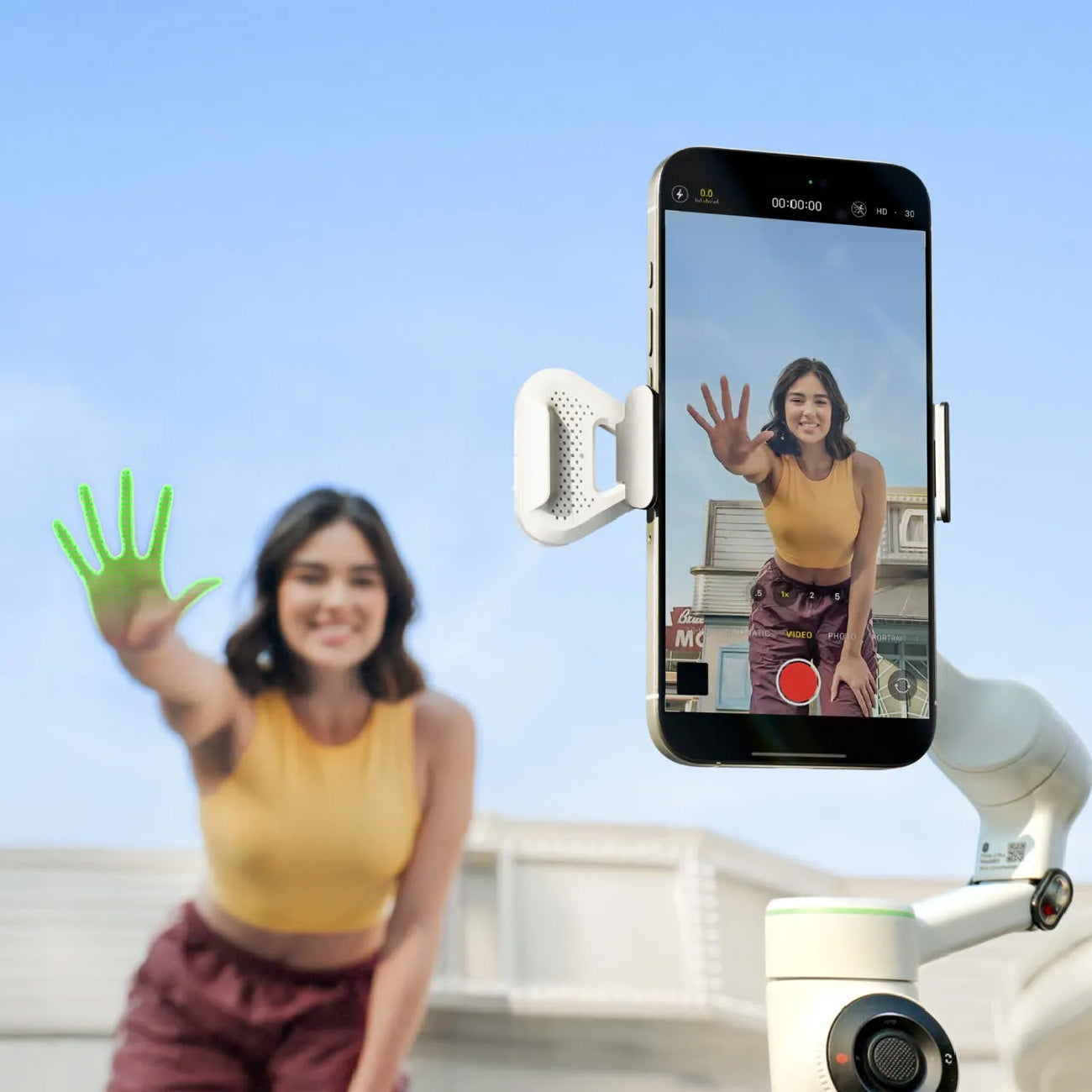 Woman posing using the Instal360 Flow 2 Pro AI Gimbal Stabilizer