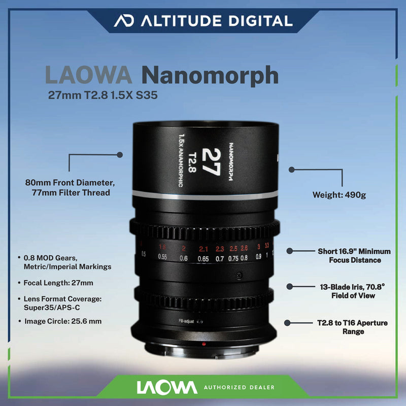 Laowa Nanomorph 27mm T2.8 1.5x S35 Anamorphic Lens (Amber) (Pre-Order)
