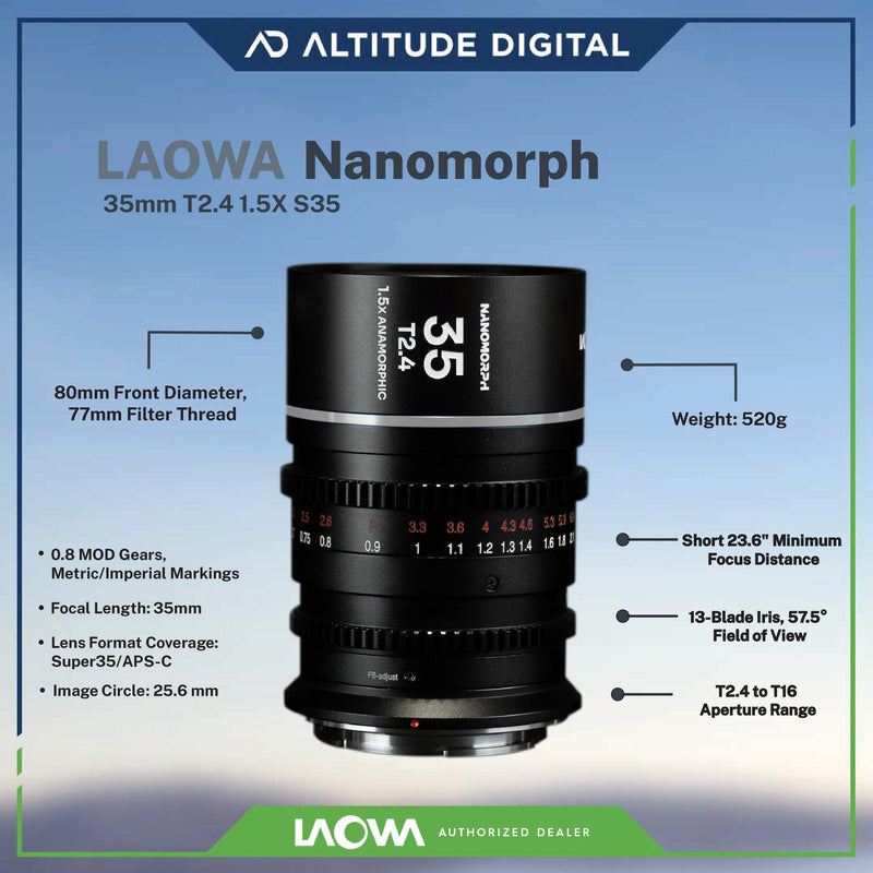 Laowa Nanomorph 35mm T2.4 1.5x S35 Anamorphic Lens (Silver) (Pre-Order)