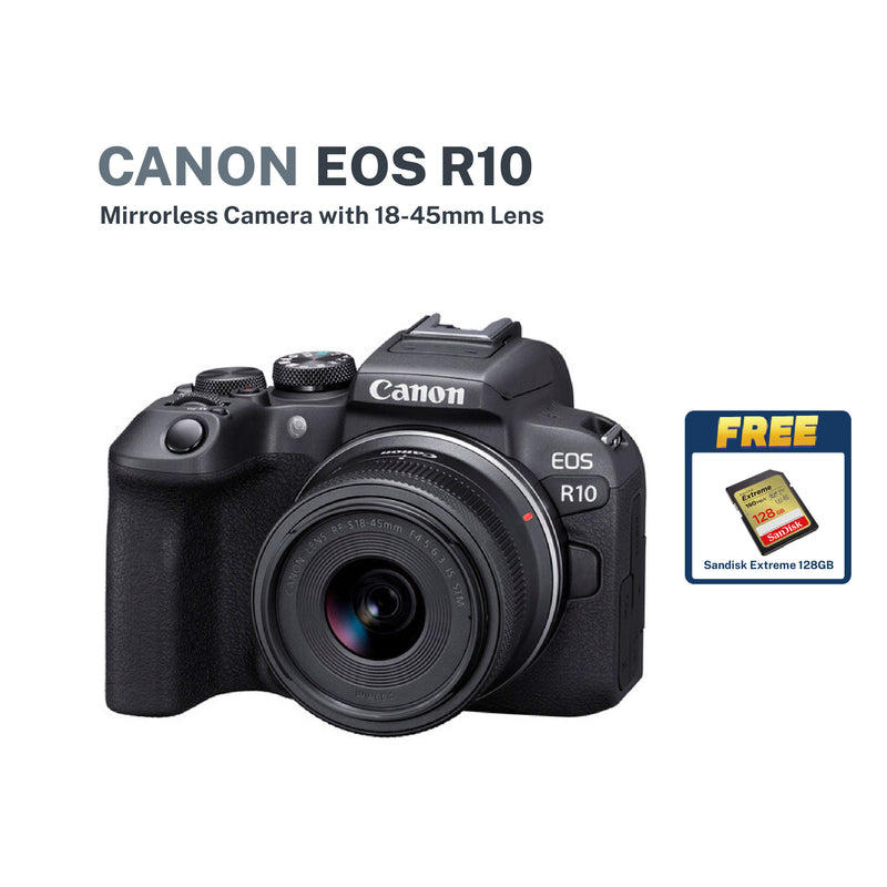 Canon EOS R10 Mirrorless Camera with 18-45mm Lens Kit + FREE SanDisk Extreme Pro SDXC, SDXXD 128GB