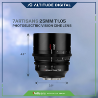 7Artisans Photoelectric 25mm T1.05 Vision Cine Lens is 4.2 inches long and 3.5 inches long