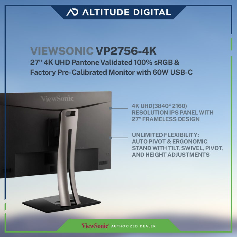 ViewSonic VP2756-4K 27 4K UHD Pantone Validated 100% sRGB & Factory  Pre-Calibrated Monitor with 60W USB-C - ViewSonic Global